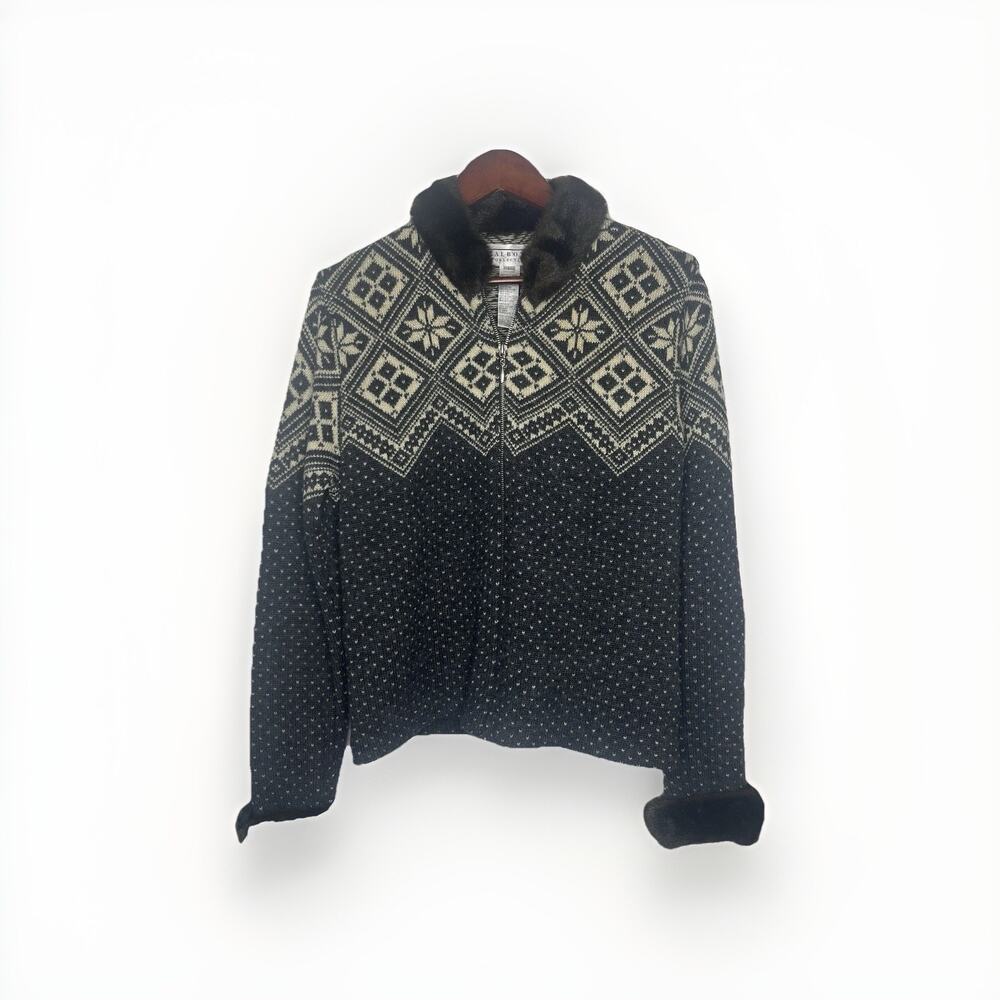 Talbots Collection Vintage Wool Fair Isle Zip Up Sweater Faux Fur Trim Stain